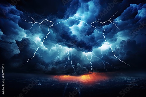 a lightning storm over the ocean with a bright orange lightening, "A powerful ocean lightning storm showcasing bright orange lightning."