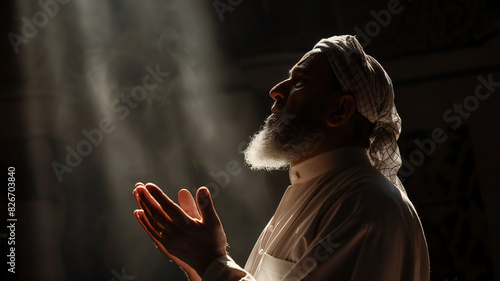 Religious adult muslim man praying inside the mosque 