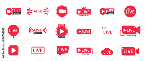 Live and live streaming icons huge set in red and white color in various styles. Live and live streaming icon set in red and white color. Live streaming red icon set. Play button icon vector.