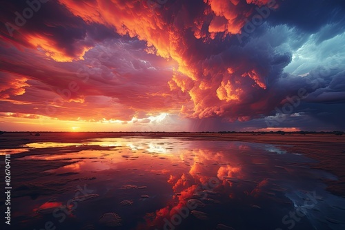 a sunset with clouds and water reflecting in the sand, An image of a sunset with clouds and water casting reflections on the sandy surface.