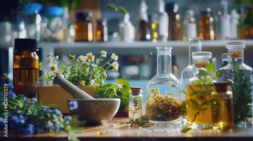 Homeopathy lab with herbs vials extracts mortar pestle for natural medicine. Concept Herbal Remedies, Homeopathy, Natural Medicine, Laboratory Equipment