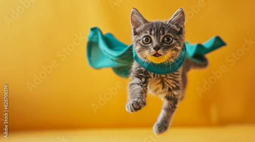 Cute kitten wearing superhero costume standing on hind legs and looking at camera. Isolated on white background 