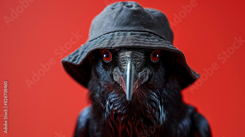 crow wearing a bucket hat looking straight intthe o camera, red background