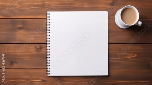 An open blank spiral notebook and a cup of coffee on a wooden table.