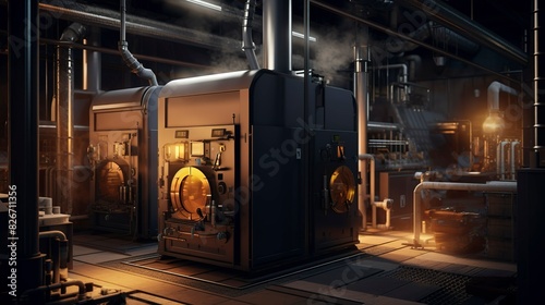 Industrial boiler room with modern equipment and orange pipes