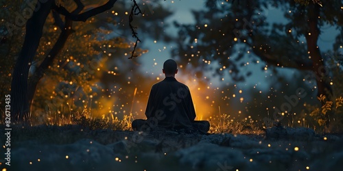 Religious figure in contemplation amid trees and night sky outdoors. Concept Outdoor Photoshoot, Religious Figure, Contemplation, Night Sky, Trees