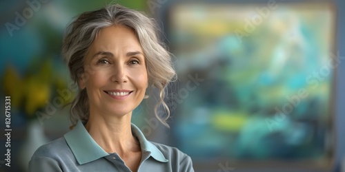 Joyful middle-aged woman in a polo shirt posing at an art exhibition. Concept Portrait Photography, Art Exhibition, Middle-Aged Woman, Polo Shirt, Joyful Pose