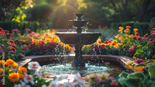 A fountain with water spraying out of it in a garden