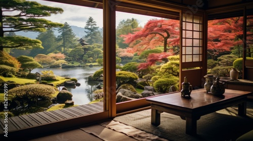 Peaceful Japanese Landscape With Autumn Foliage Framed By Wooden Sliding Doors. Generative AI