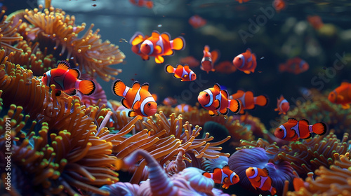 Enchanting Underwater Ballet: School of Clownfish Amidst Anemones