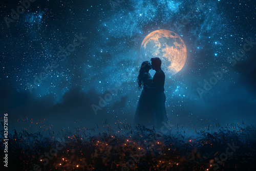Partners sharing a passionate kiss under the stars on a moonlit evening. Concept of romance and desire. Generative Ai.