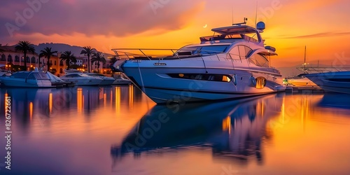 Sundrenched upscale brand showcasing luxury boats at a luxury yacht club marina. Concept Luxury Yachts, Marina Views, High-End Setting, Sundrenched Ambiance