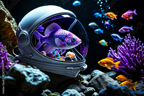 A space helmet filled with tropical fish, placed on rocks surrounded by vibrant coral and colorful fish, creating a surreal underwater scene.
