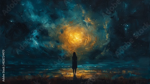 Solitary Silhouette: Haunting Oil Painting of Figure Staring at Night Sky with Textured Distressed Background Perspective