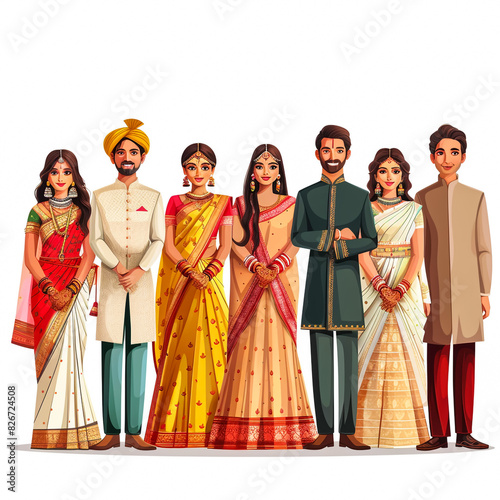 INDIAN BRIDE AND GROOM VECTOR ILLUSTRATION COLOUR. Indian wedding couple in traditional dress holding hands and smiling. Cute cartoon vector illustration. 