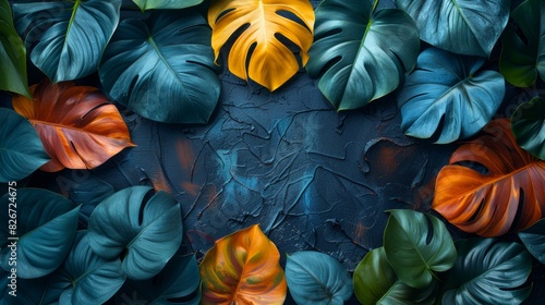 Аbstract background with monstera leaves of different colors on a black wall texture, top view style