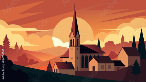 A view of a church steeple and surrounding buildings as the sun rises behind them.. Vector illustration