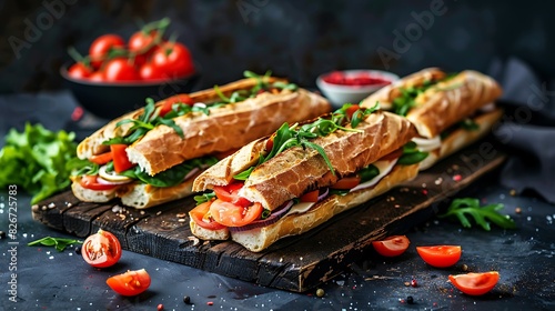 Fresh and tasty sandwich with ham, cheese, tomato and salad leaves on wooden board.