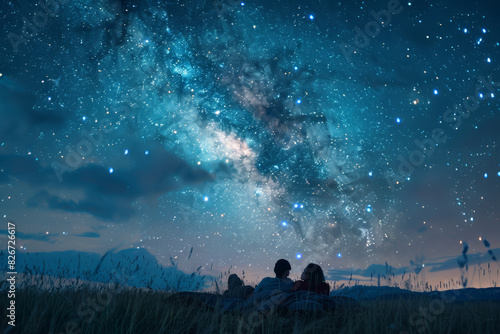Companions sprawled out on a blanket in a grassy field, stargazing and sharing their dreams under the twinkling night sky. Concept of wonder and friendship. Generative Ai.