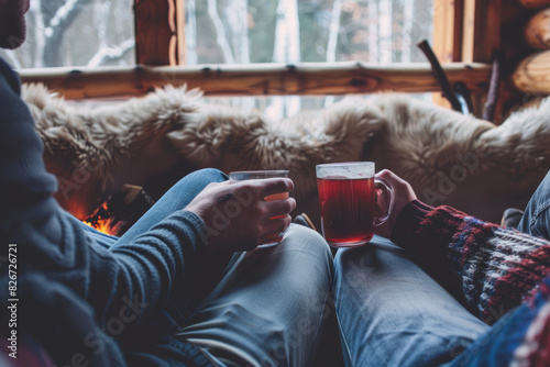 Mates lounging on a cozy couch in a cabin, swapping stories and sipping on mugs of mulled cider. Concept of coziness and camaraderie. Generative Ai.