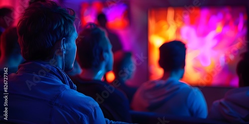 Crowd watching TV in dark room influenced by addiction propaganda fake news. Concept Addiction, Propaganda, Fake News, Dark Room, Crowd Influence
