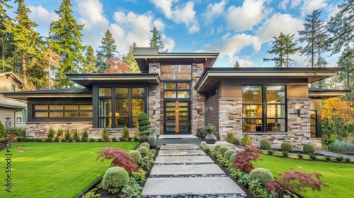 front view of a beautiful modern home in the pacific northwest with stone accents, green grass and trees, with a large front porch