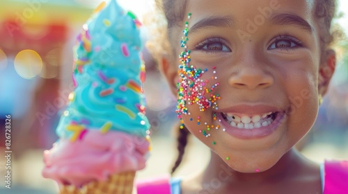 The little girl has sprinkles on her nose and a big smile as she holds an ice cream cone. She looks happy and full of joy at the event, enjoying her sorbetes or gelato AIG50