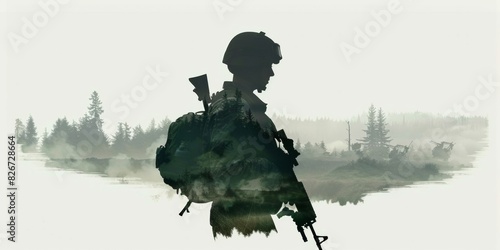 Soldier figure merged with battlefield scene, isolated on white - defense, courage, patriotism