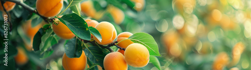 Close-up panoramic image of ripe juicy apricots on a green tree branch