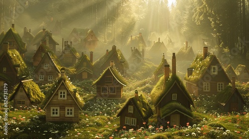 A fairytale village in the forest with many miniature houses covered with moss. Fantasy landscape. Concept of unreal world. Illustration for cover, greeting card, interior design, decor or print.