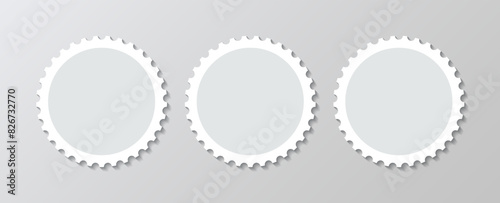 Perforated post frame label. Circle postage stamp. Empty round postal stamp. Paper circular postmarks for mail letter. Blank borders isolated on gray background. Vector illustration.
