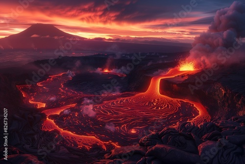 : A fiery red volcanic landscape with flowing lava and steaming vents, surrounded by dark, rugged terrain under a twilight sky,