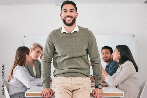 Businessman, portrait and team meeting in office for brainstorming, ideas and planning with smile. Male person, foreground and collaboration as group, people and workplace as sales consultant in firm