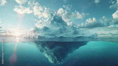 Gorgeous iceberg mirrored in serene ocean at sunset, beneath a captivating sky