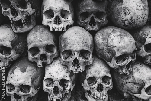 Human skulls piled up, mass grave, death and genocide concept