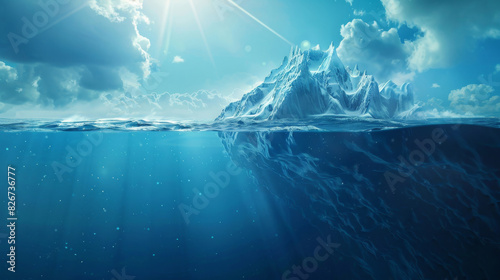 Enchanting view of a large iceberg above and below the waterline under a clear blue sky
