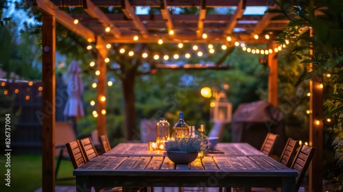 A wooden table and chairs are arranged neatly under a gazebo adorned with string lights, creating a cozy and inviting outdoor dining area,