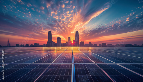 Solar Panels on Rooftop with City Skyline and Bright Golden Hour