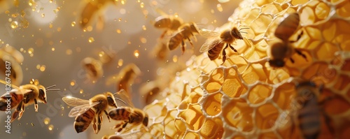 A close-up view shows several bees working on a honeycomb, surrounded by golden, glowing honey. 