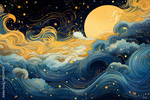 Magical fairytale ocean waves art painting. Unique blue and gold wavy swirls of magic water. Fairytale navy and yellow sea waves. Children’s book waves, kids nursery cartoon illustration by Vita 