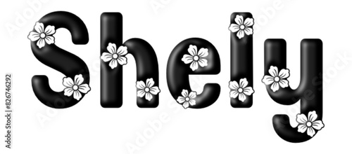 shely - name black color - written with engraved typical Hawaiian hibiscus flowers- word for websites, e-mail, sublimation greetings, banners, cards, t-shirt, sweatshirt, prints, cricut, silhouette,