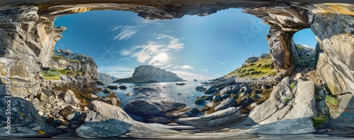  a stunning coastal rock formation with layered, weathered rocks and clear blue skies, captured in a 360-degree view. Amazing country.