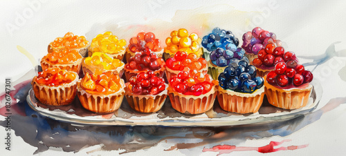 Assorted Summer Fruit Tarts Watercolor Illustration with Colorful Fillings on White Background
