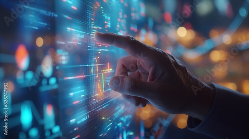 Digital Pioneer: Man Analyzes Data with Holographic Display, Pioneering Profitable Investment Strategies. A man's hand touches a technological touch screen.