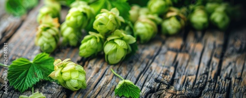 The image shows fresh green hops cones on a wooden table. The hops are arranged casually, with some leaves visible among them.