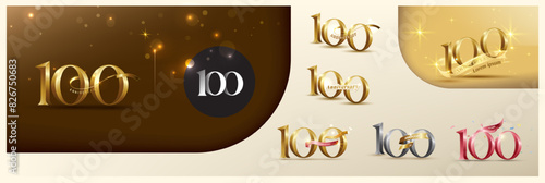 100th anniversary logotype modern gold number with shiny ribbon. alternative logo number Golden anniversary celebration