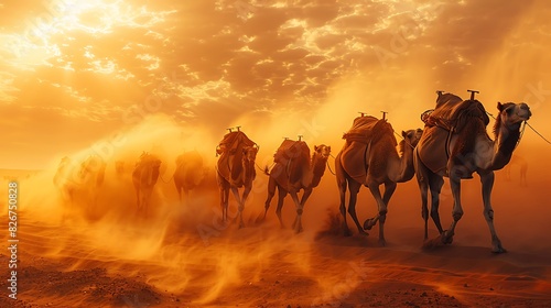 Natural beauty of a caravan of camels crossing the sand