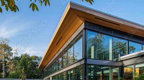 Large windows and slanted roofs allow for natural light and rainwater to seamlessly integrate into the building enhancing its environmentallyfriendly design.