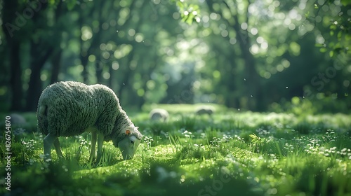 Landscape view of sheep grazing in a green pasture