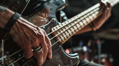 Closeup photo of bass guitar player hands